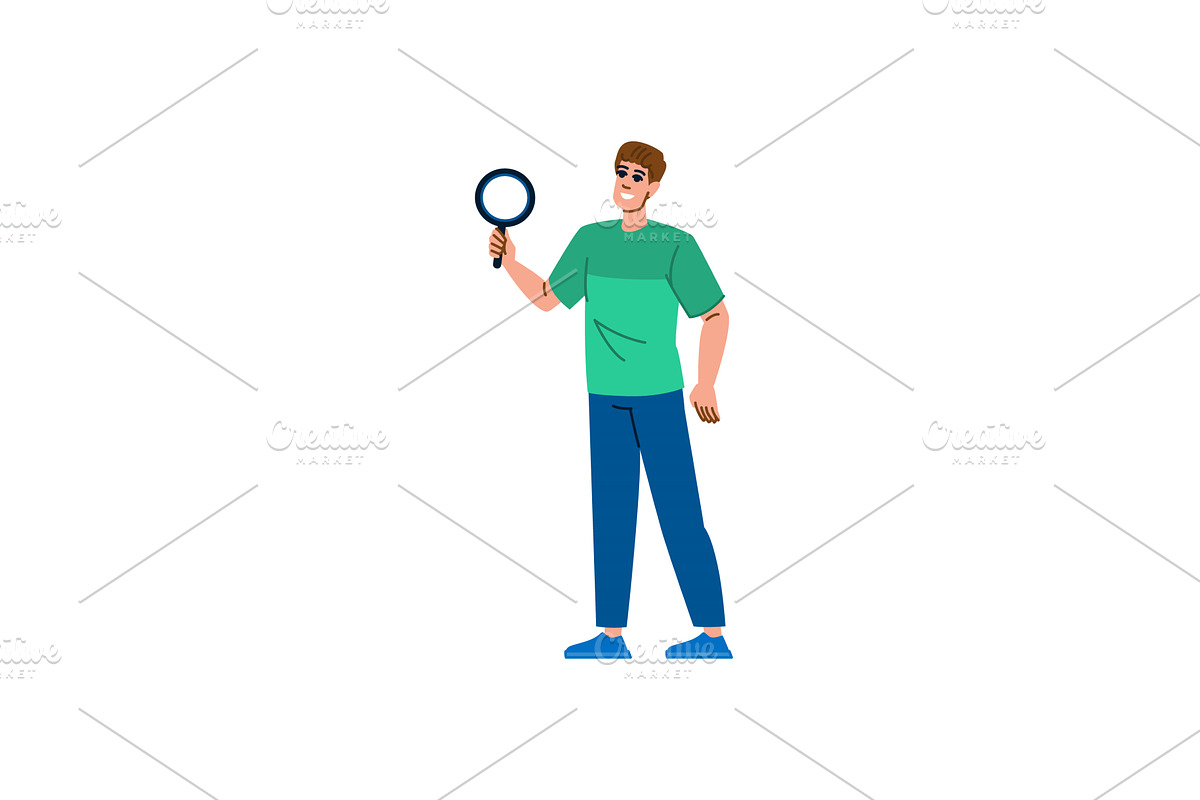 Young man holding magnifying glass, a Person Illustration by pikepicture
