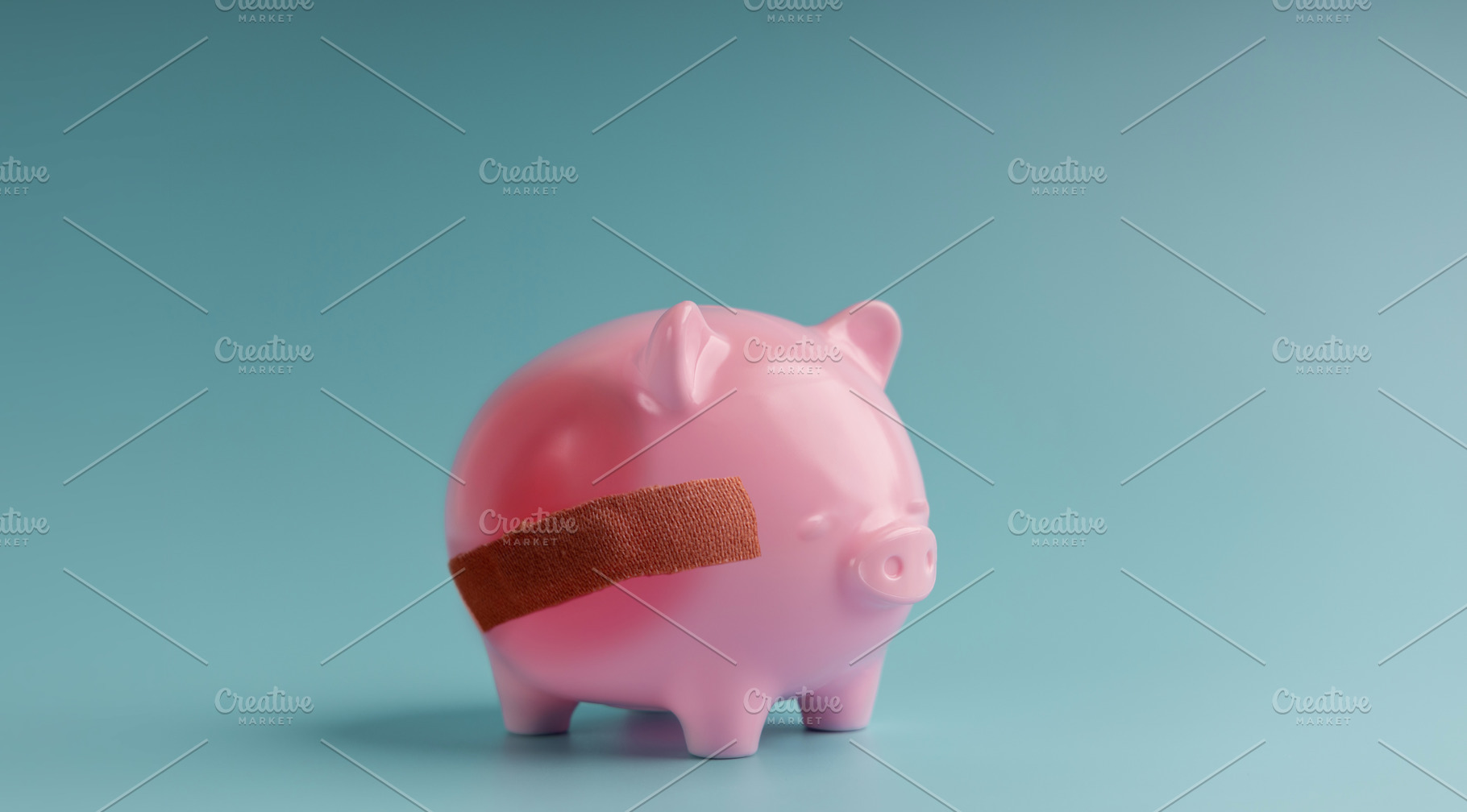 Piggy bank with bandage on pastel background,Economic crisis, a Photo by salmon.black