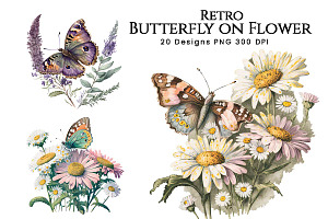 Retro Butterfly On Flower Clipart