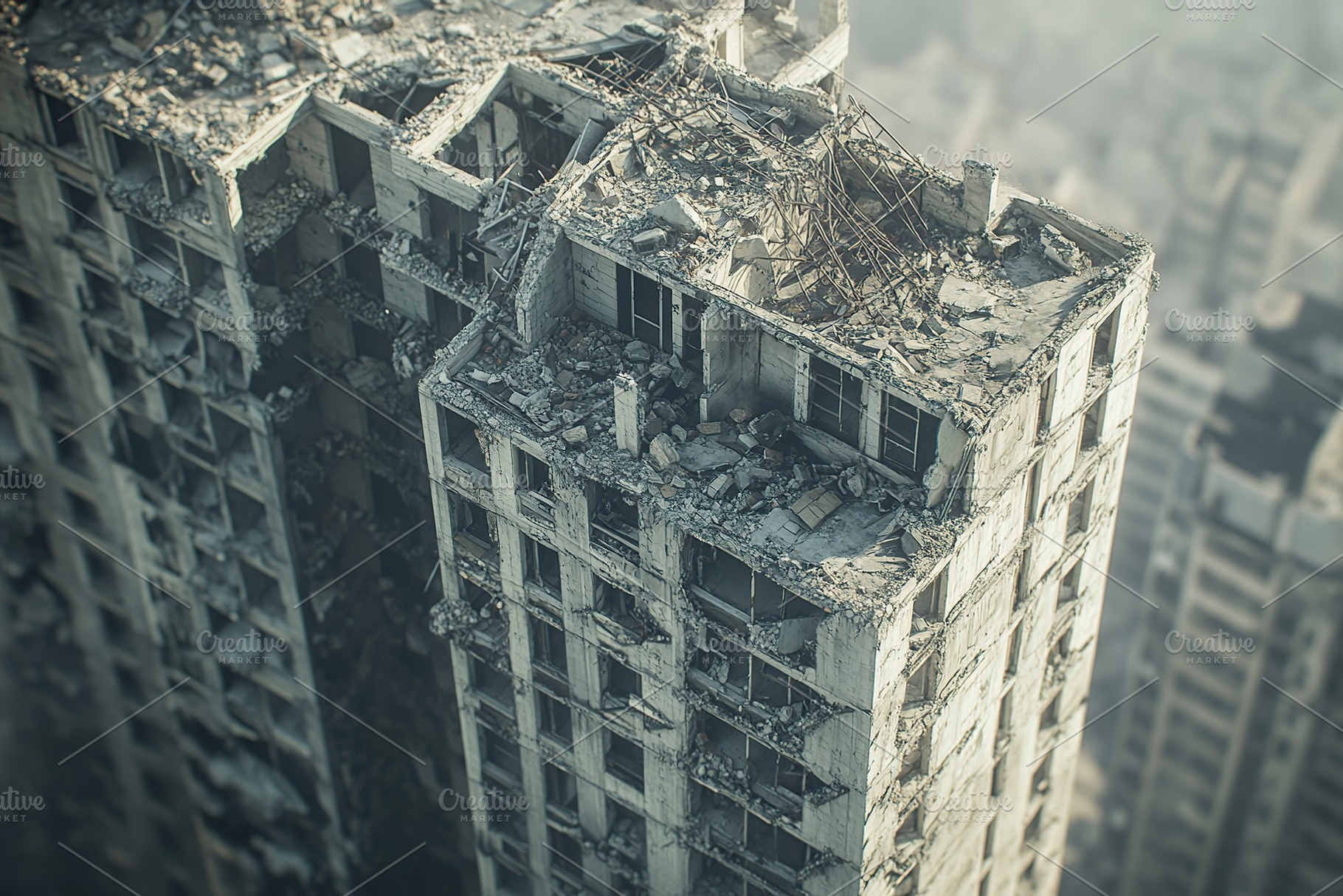Destroyed apartment building after drone attack, military missile ...