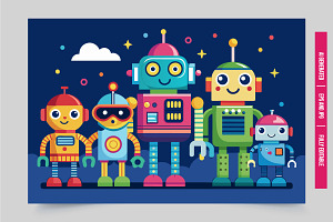 Five robots night stars, an Illustration by Tanuart