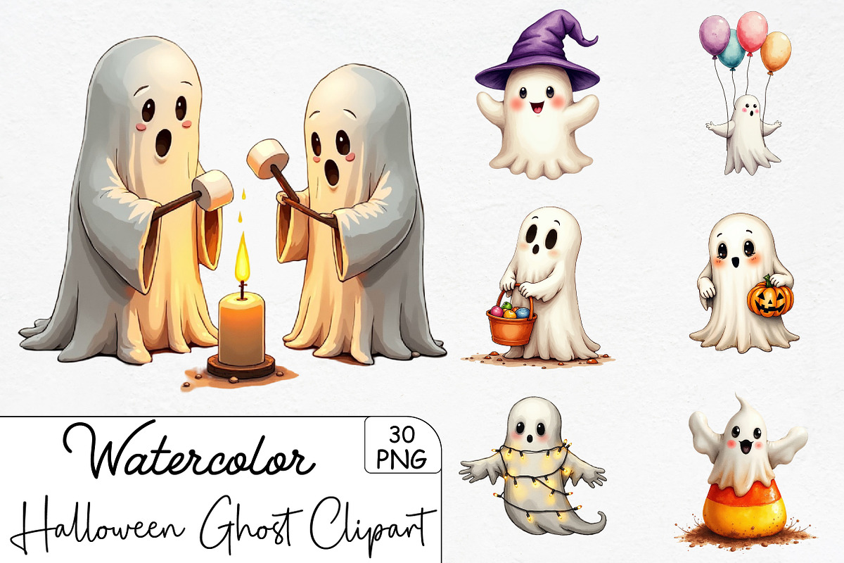 Halloween Cute Ghost Clipart PNG, an Illustration by CrexoraLab (Photo 1 of 5)