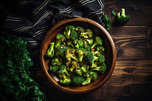 Green roasted broccoli in bowl on wooden background, a Food & Drink Photo by AlyaAnd