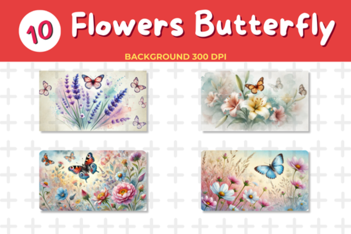 Watercolor Flowers Butterfly Backgro, an Animal Illustration by John_Walker (Photo 3 of 4)