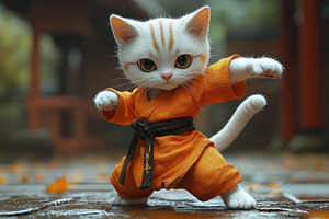 Cute cat in an orange martial arts o, a Photo by Tanuart