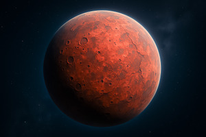 Red rocky planet with craters and su, an Illustration by professorinc