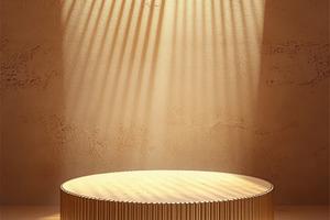 Golden pedestal in sunlit room minim, an Abstract Photo by Pixeness Studio
