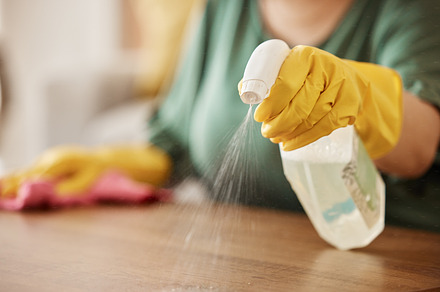 Hand, spray bottle and a woman cleaning a wooden surface in her home for hygiene or disinfection. Gloves, product and bacteria with a female cleaner using detergent to spring clean in an apartment, a Photo by Peopleimages.com