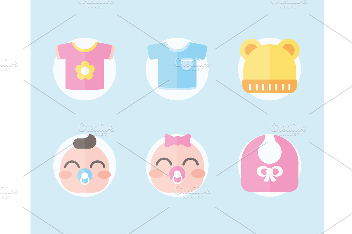 six baby shower icons, an Object Illustration by studiogstock