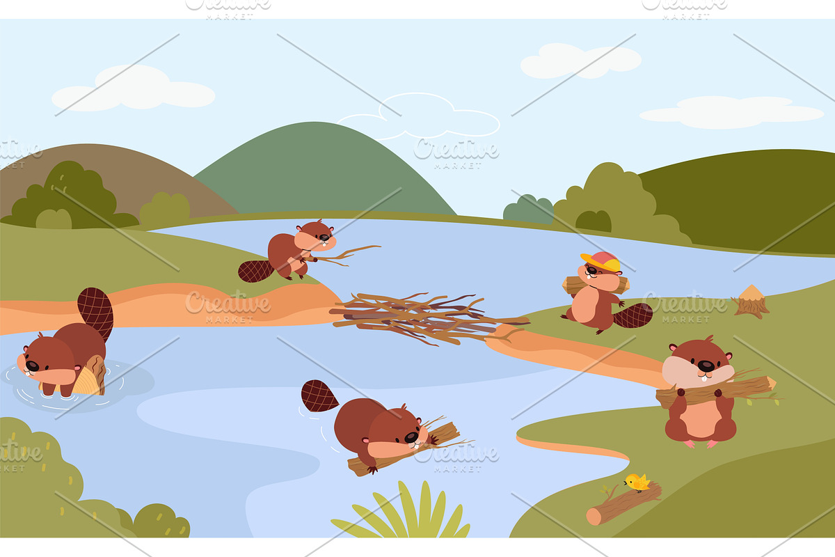 Beavers building. Cartoon beaver, an Animal Illustration by Valerie Bodnar
