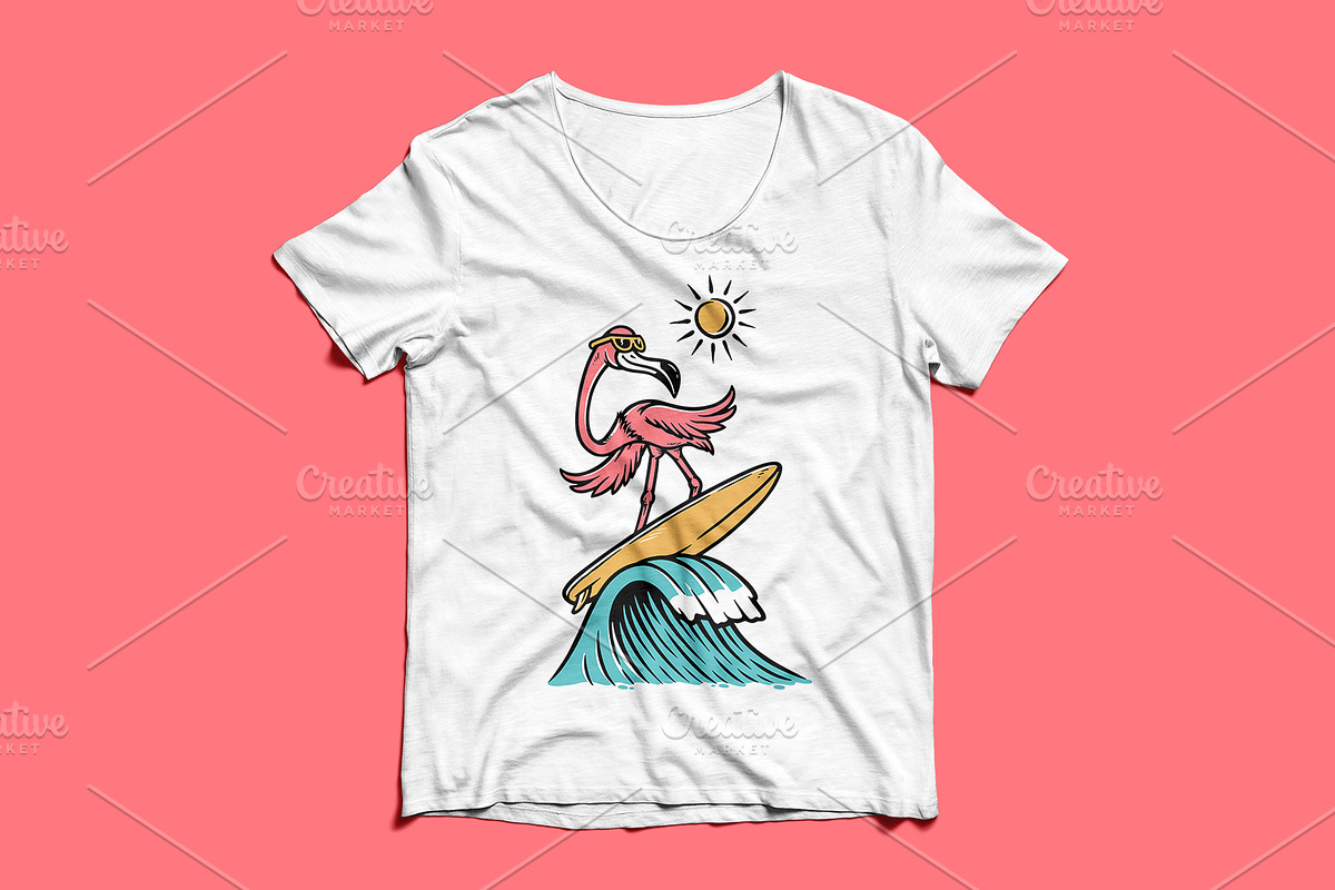 flamingo is surfing on the beach, an Animal Illustration by gunaonedesign (Photo 3 of 4)