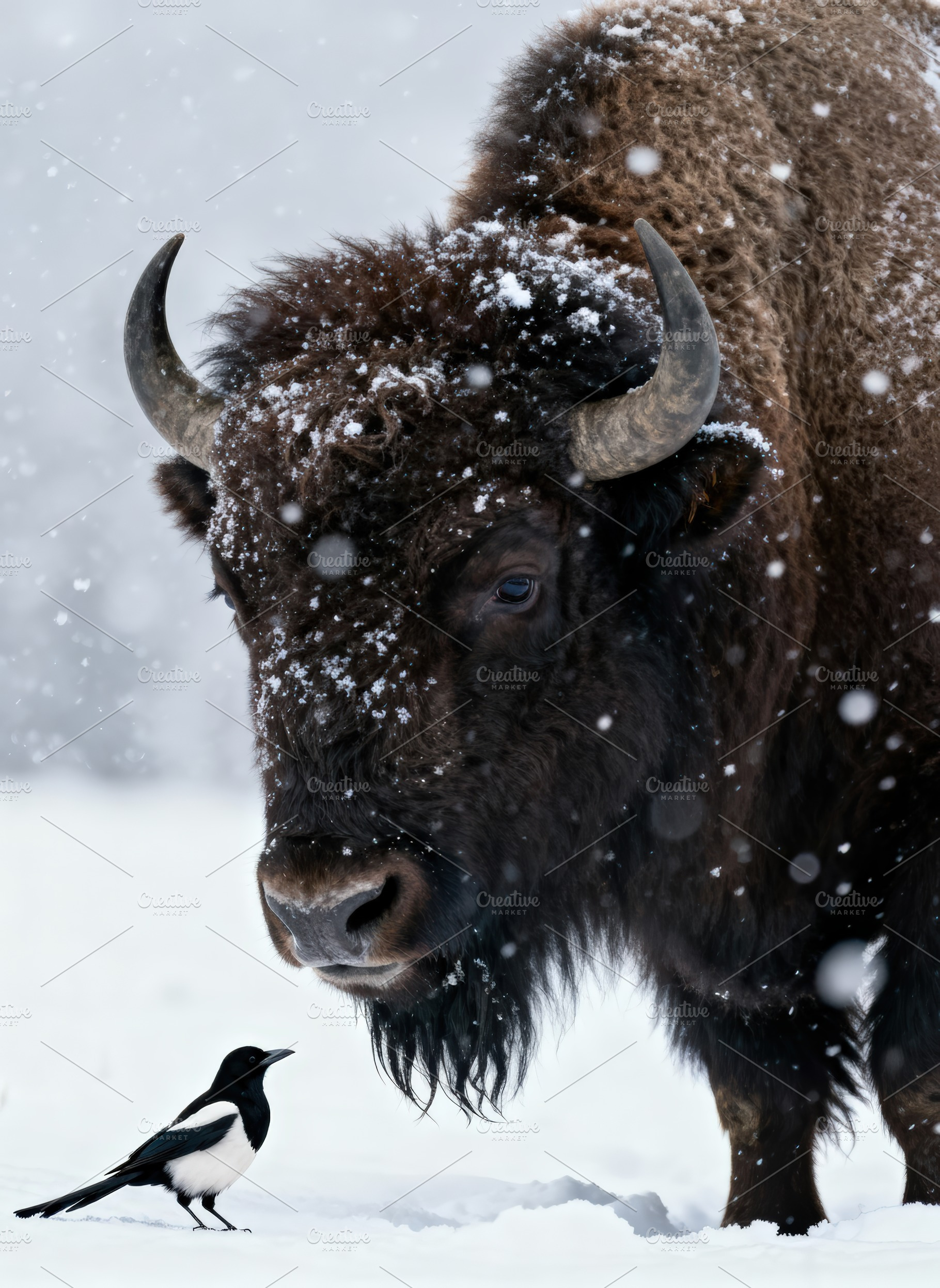 Majestic European Bison and Magpie, an Animal Photo by Virgo Studio