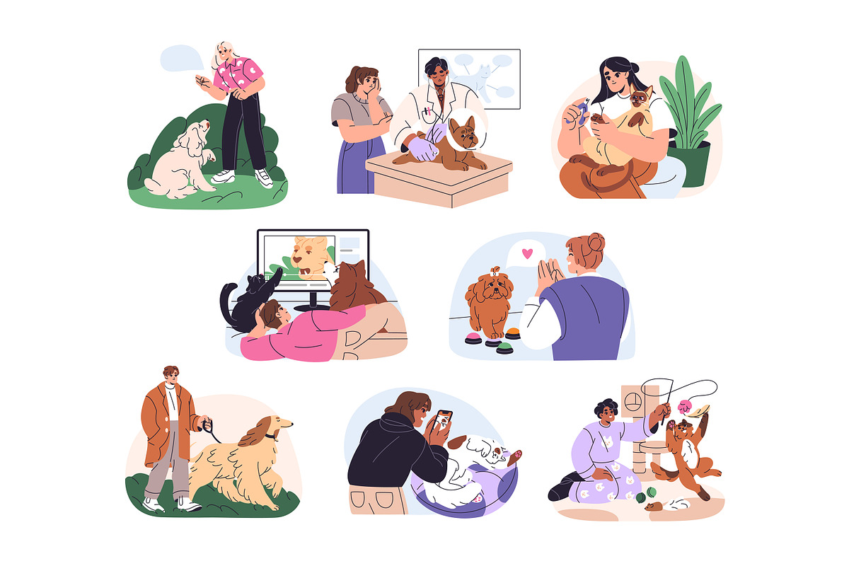 Pet owners with cute cats, dogs set, an Animal Illustration by PaperTrident (Photo 1 of 9)
