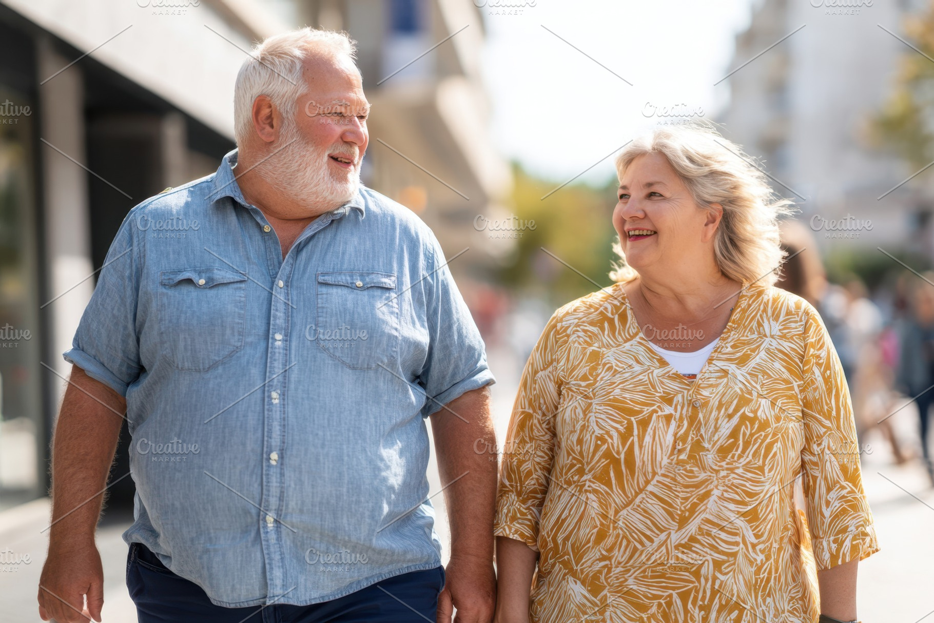 A happy overweight older couple strolls through the city, a Person Photo by AlyaAnd