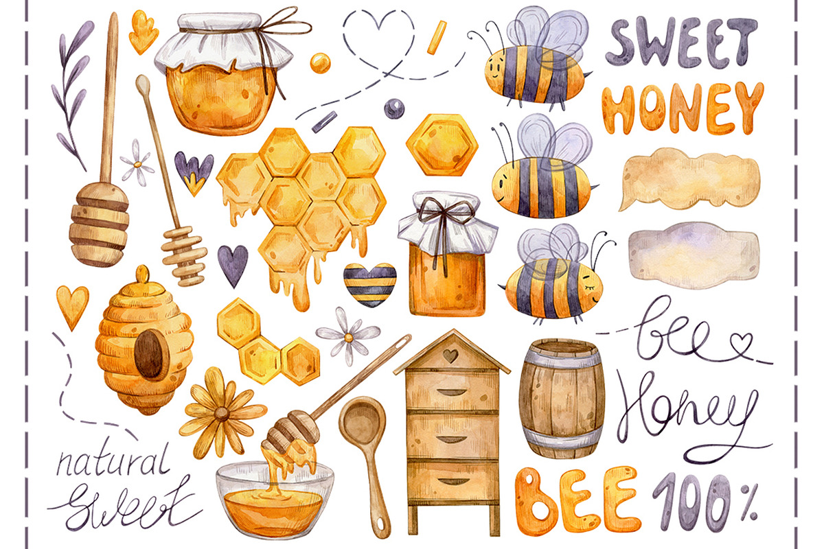 Watercolor Honey Bee collection, an Animal Illustration by Aquarellka (Photo 3 of 6)