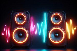Sound pulses create vibrant arcs between two illuminated speakers at night, a Background Photo by AlyaAnd