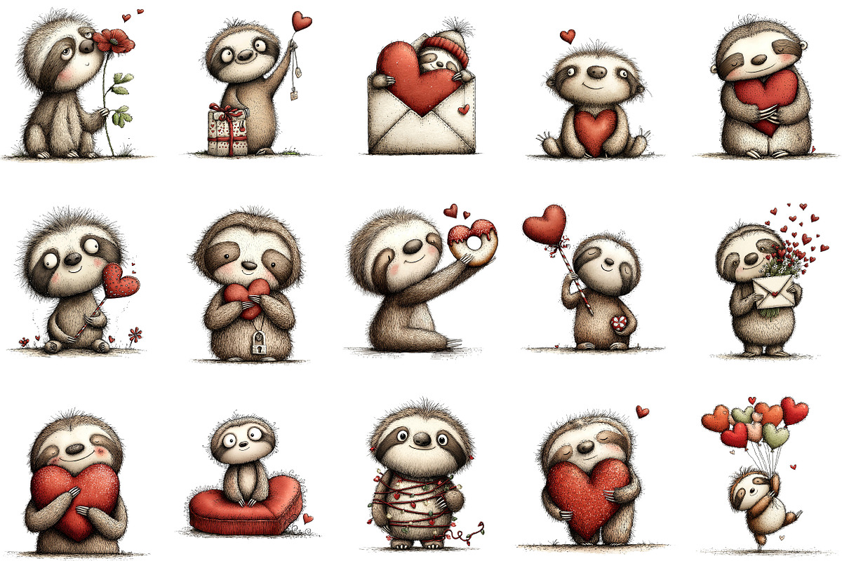 Valentine's Whimsical Sloth Clipart, an Illustration by Designking (Photo 2 of 5)