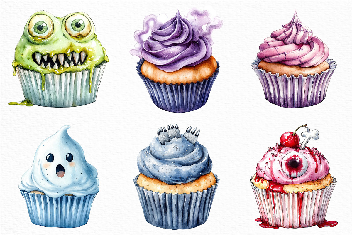 Watercolor Scary Halloween Cupcake, an Illustration by Craft Nest (Photo 2 of 6)