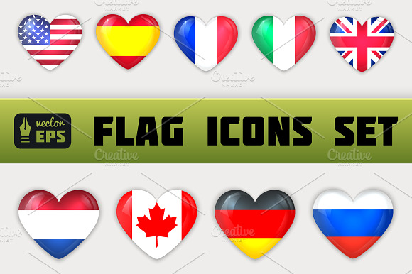 Glass Heart Flag Icons Set