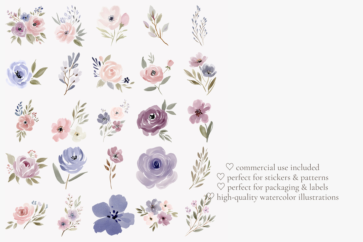 watercolor floral clipart set, a Decorative Illustration by Patishop Art (Photo 10 of 10)