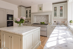 Bright and elegant kitchen featuring white marble counters, light grey cabinetr, an Architecture Photo by Studio ANNA