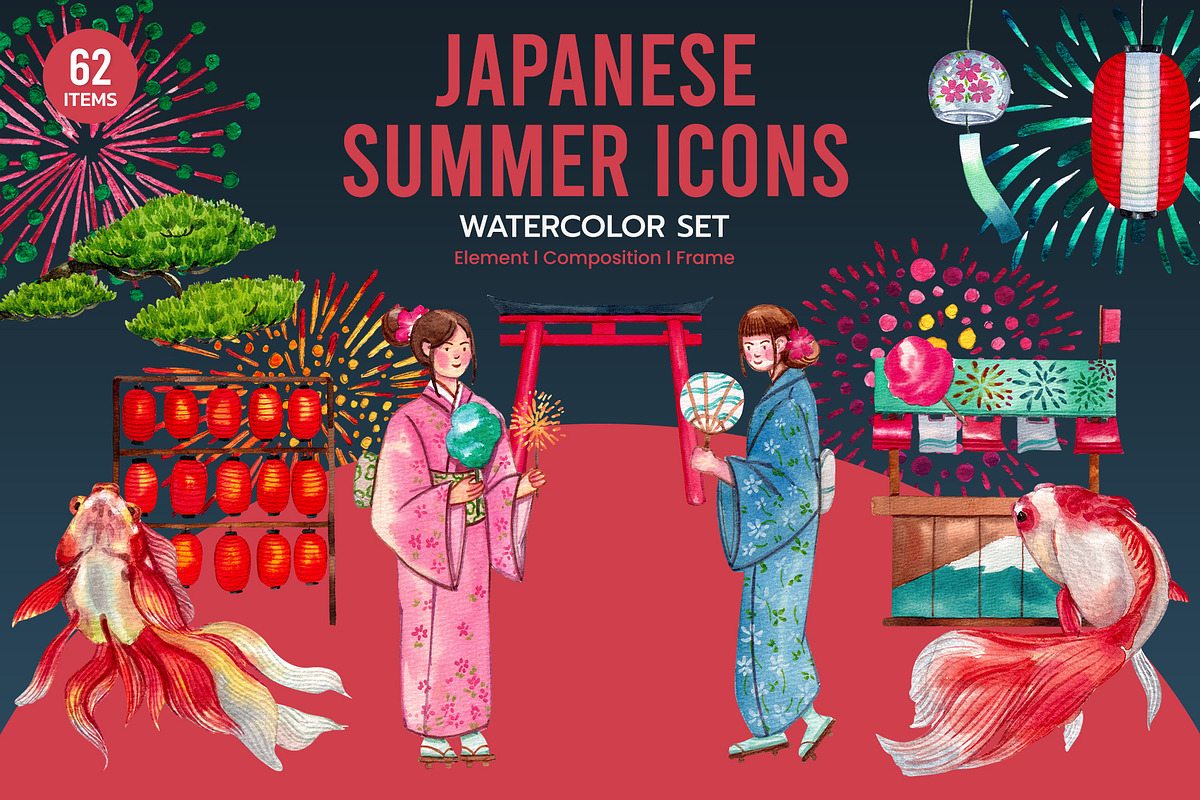 Japanese Summer Icons Watercolor, a Person Illustration by CreativeValuation (Photo 1 of 11)