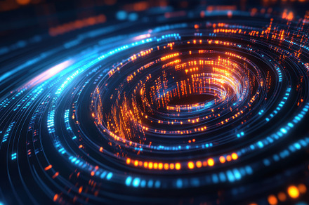 Vibrant digital swirl of blue and or, a Photo by Tanuart