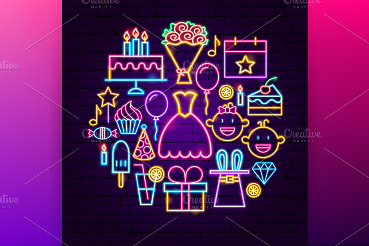 Happy Birthday Vector Neon Icons, an Outline Icon by Anna_leni (Photo 4 of 8)