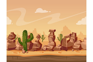 Vector Cartoon Seamless Landscape With Stones And Cactus. Game Wild Background Illustration