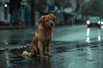 Wet homeless dog on a street in the rain, an Animal Photo by AlyaAnd