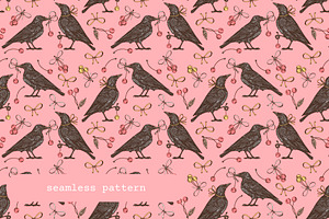 Cherry Crows. Seamless Patterns