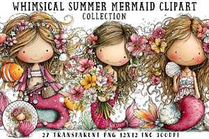 Whimsical Summer Mermaid Clipart, an Illustration by OK Design