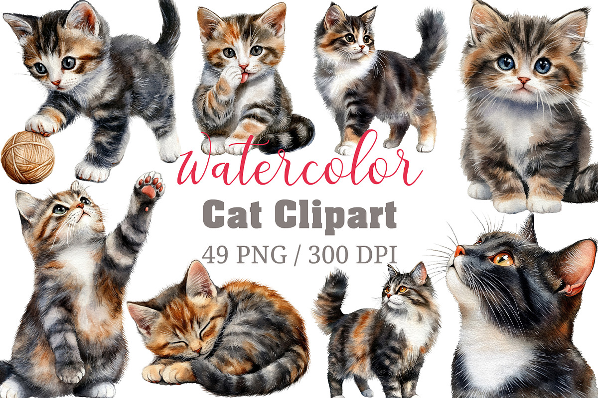Watercolor Cat Clipart, an Illustration by Craft Nest (Photo 1 of 12)