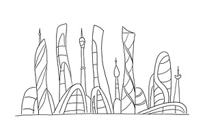 Invented City Fantastic Incredible And Utopian Skyscraper Sketch High-rise Buildings. Hand Drawn Vector Stock Illustration. Future Architecture Landsc