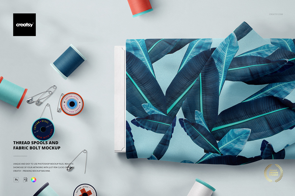 Thread Spools and Fabric Bolt Mockup, a Merchandise Mockup by creatsy5