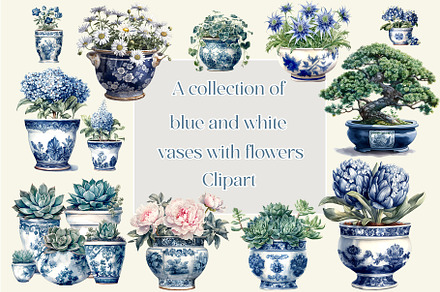 Blue and white vase flowers Clipart