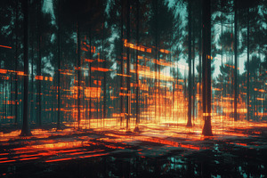 A surreal forest scene with glowing orange and blue digital lines creating a fu, a Photo by Textures & Backgrounds
