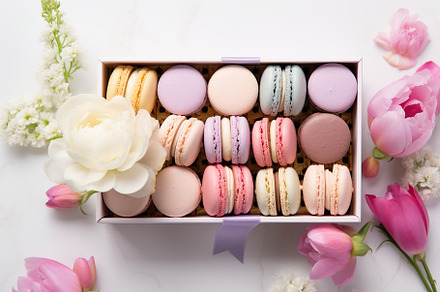 Colorful macarons dessert in box with flowers on white background, a Food & Drink Photo by AlyaAnd