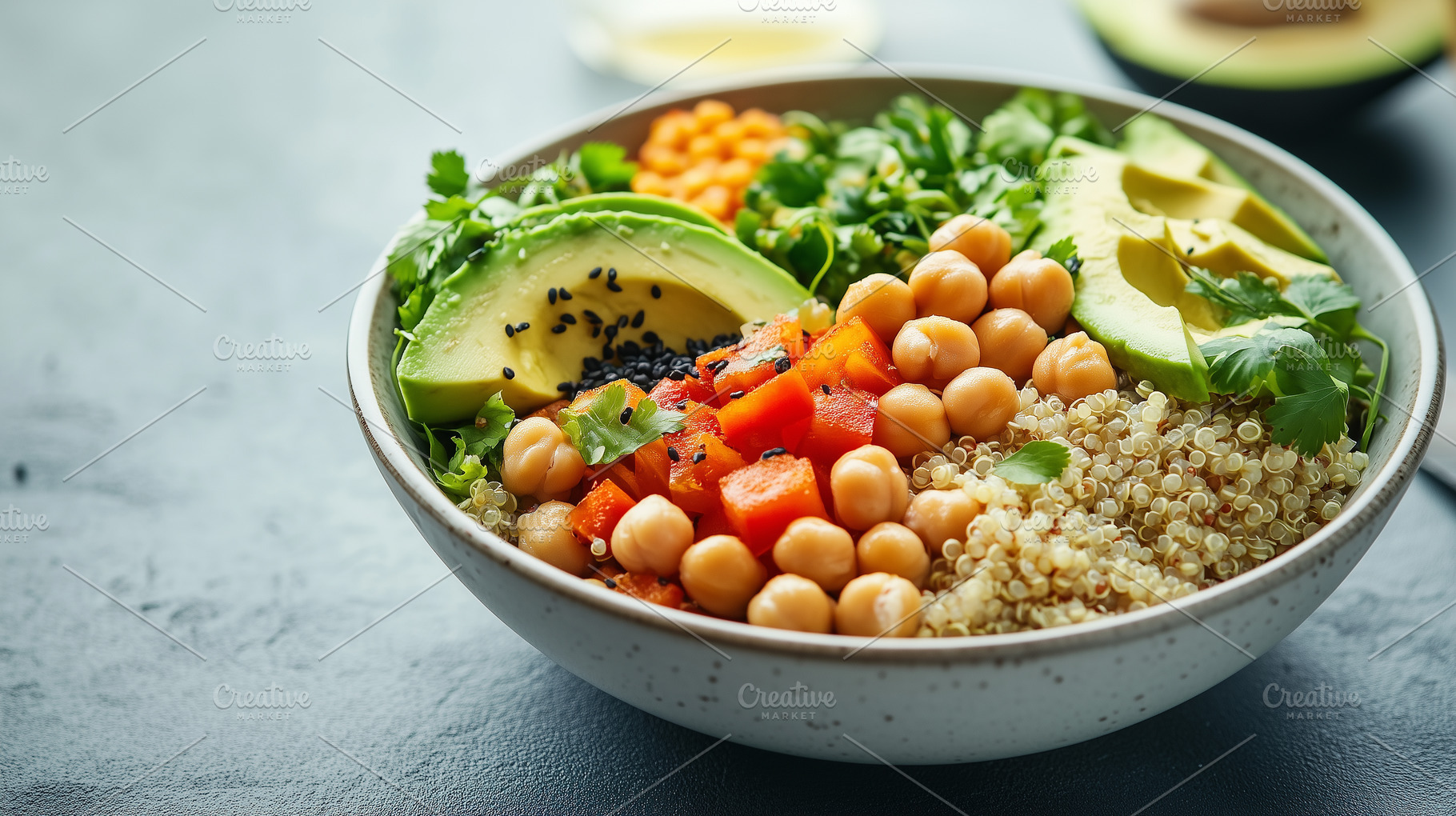 Healthy bowl with quinoa, chickpeas, a Food & Drink Photo by MistyDay