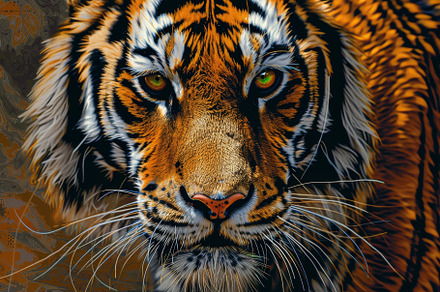 The tiger stands majestically, its v, a Photo by Tanuart