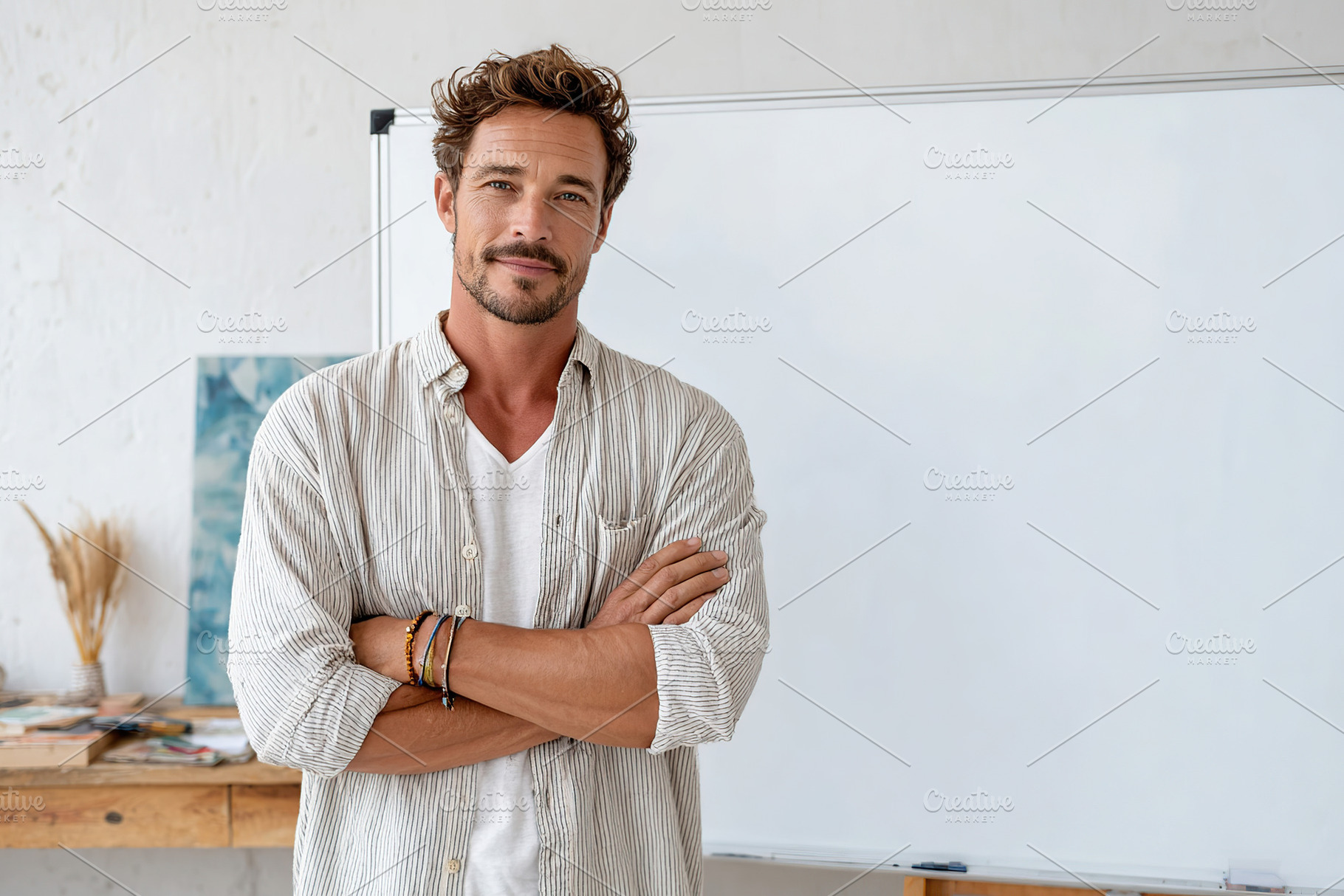 Confident man standing in a bright workspace with a whiteboard and creative sup, a Person Photo by AlyaAnd