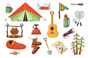 Camping elements. Cartoon hiking kit, an Object Illustration by Vectorbuum
