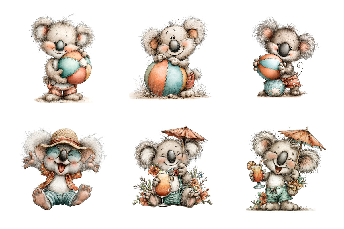 Whimsical summer koalas clipart, an Illustration by SinaCreation (Photo 3 of 9)