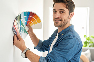 Home decorator showing wall paint samples to homeowners inside a, a Person Photo by DanFLCreativo