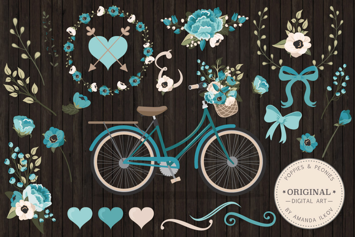 Vintage Blue Vector Bicycle & Flower, an Illustration by Amanda Ilkov (Photo 2 of 5)