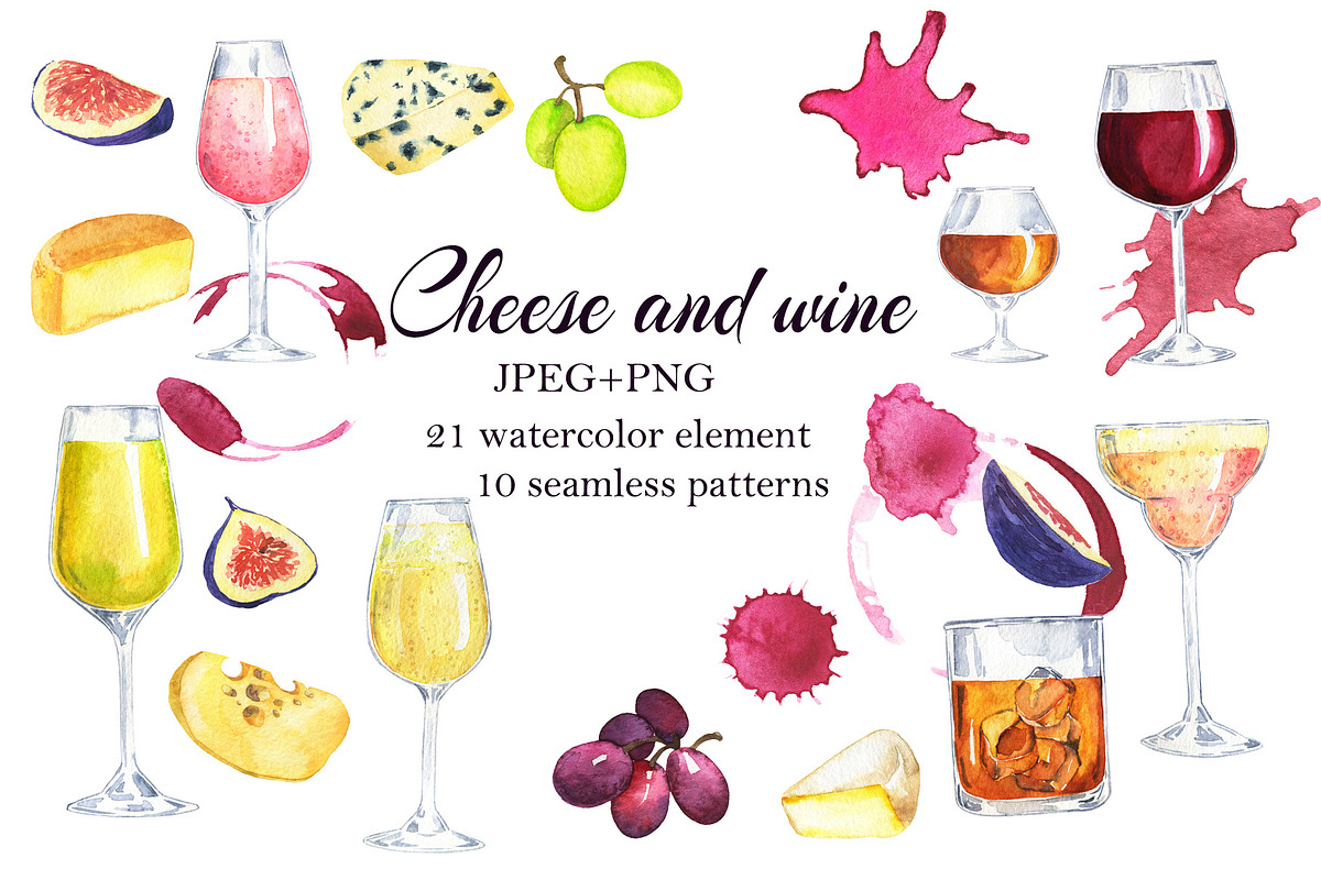 Cheese and wine watercolor, a Food Illustration by Watercolor & sketches (Photo 1 of 5)