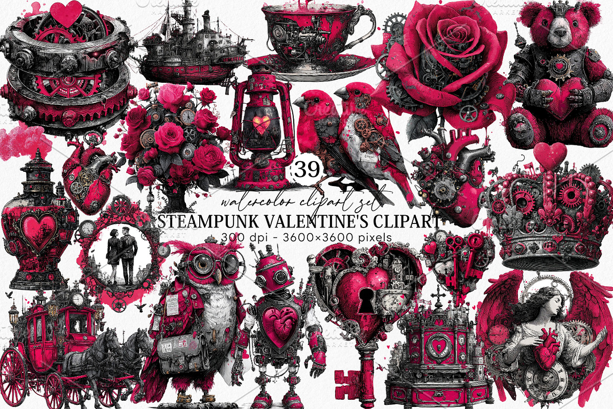 Steampunk Valentine's Clipart Bundle, an Illustration by Canvas Craft (Photo 1 of 6)