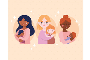 three moms with babies, a Person Illustration by studiogstock