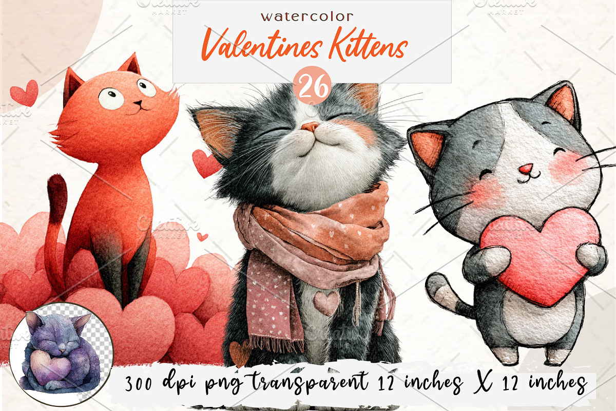 Watercolor Cute Valentines Kittens, an Illustration by Watercolor design (Photo 1 of 4)