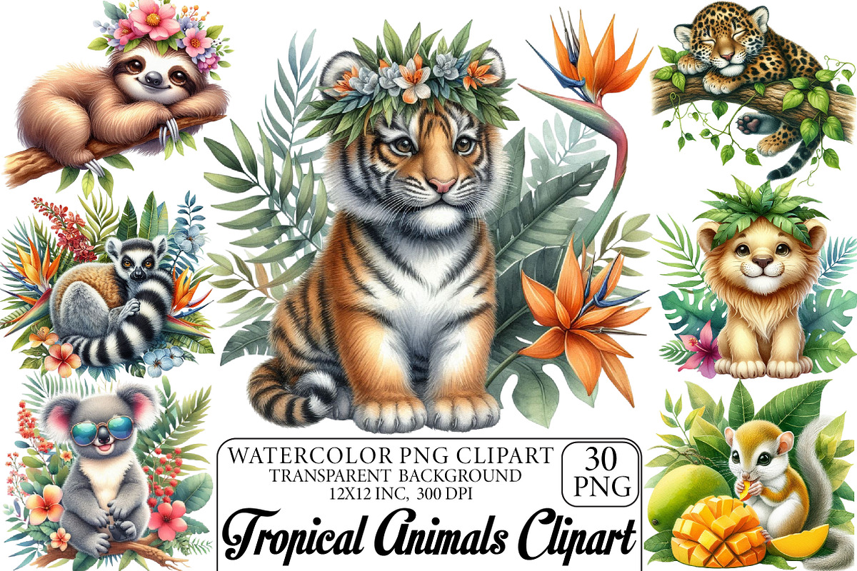 Watercolor Tropical Animals Clipart, an Illustration by DreamPrint404 (Photo 1 of 5)